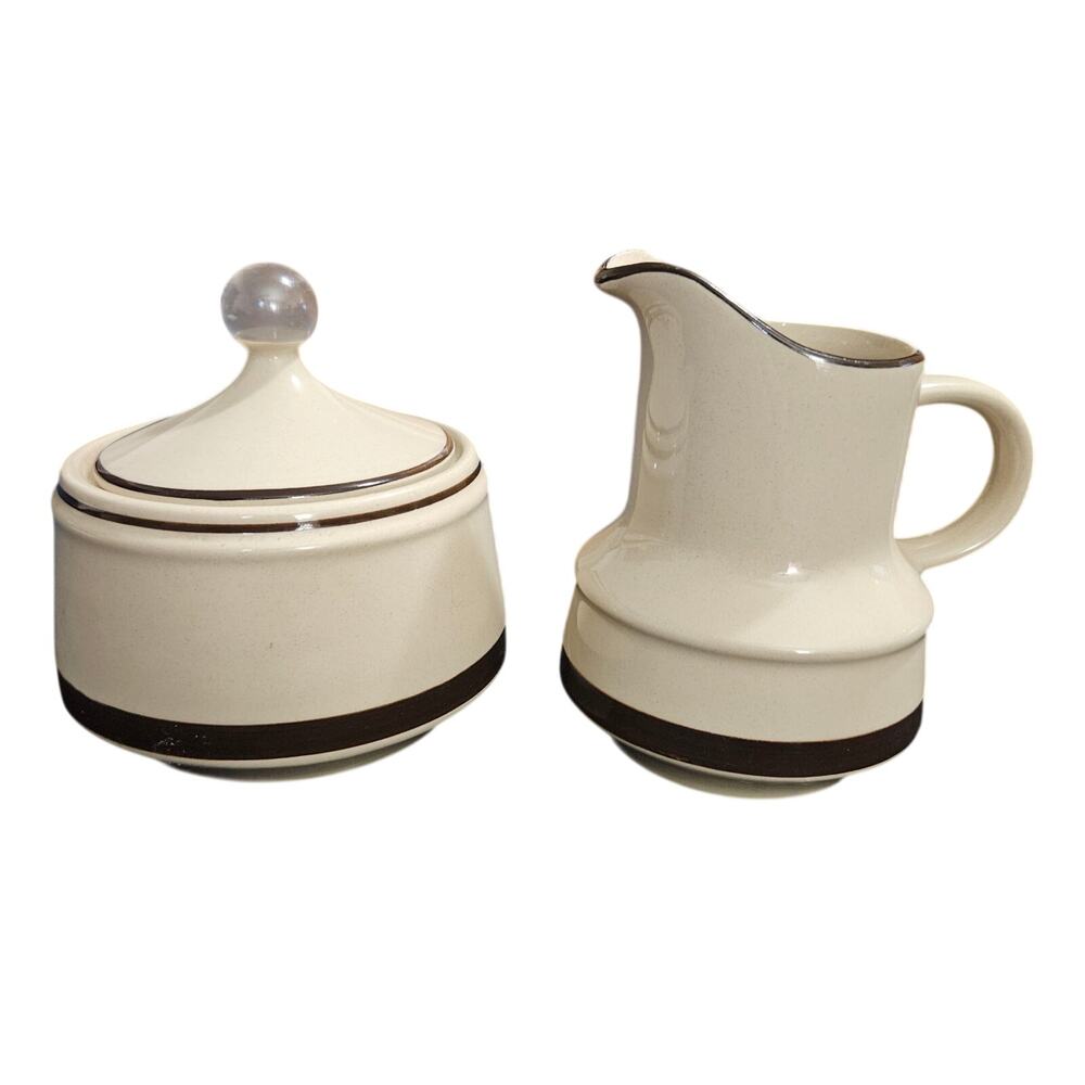 Strawberries Japan Stoneware Creamer Sugar Bowl Set Brown Stripe Hand Decorated